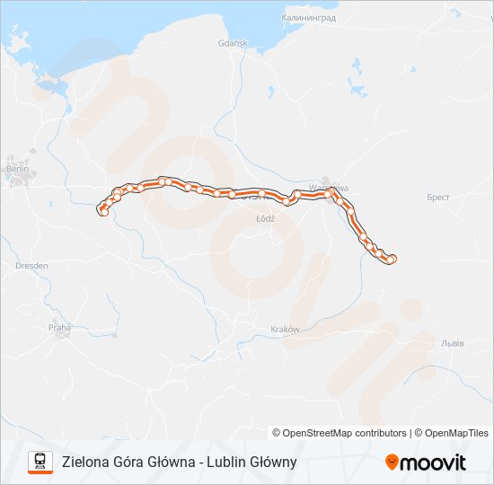 Mapa linii kolej IC 72101