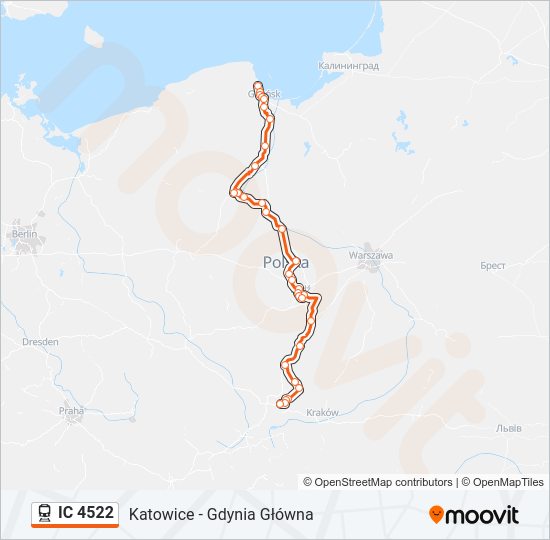 Mapa linii kolej IC 4522