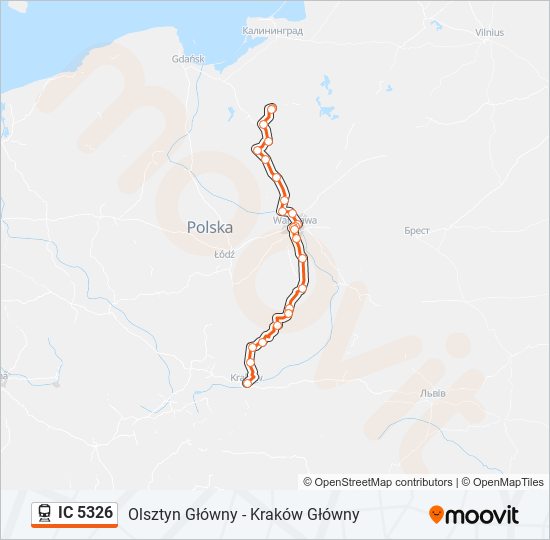 Mapa linii kolej IC 5326