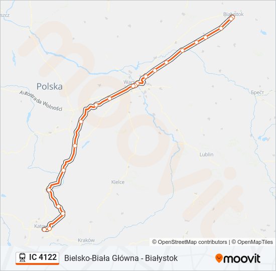 Mapa linii kolej IC 4122