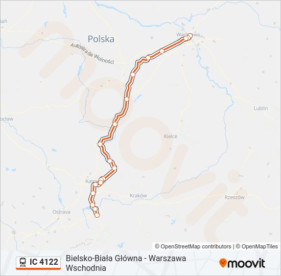 Mapa linii kolej IC 4122