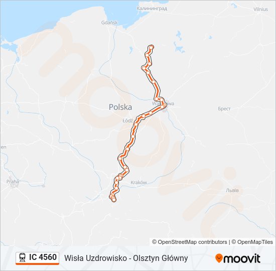 Mapa linii kolej IC 4560