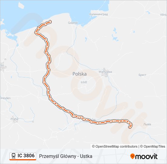 Mapa linii kolej IC 3806