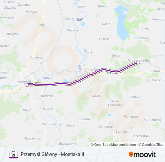 Mapa linii kolej TLK 33007