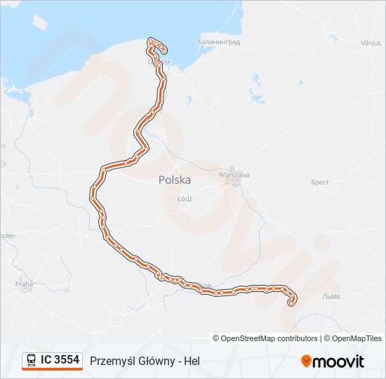 Mapa linii kolej IC 3554