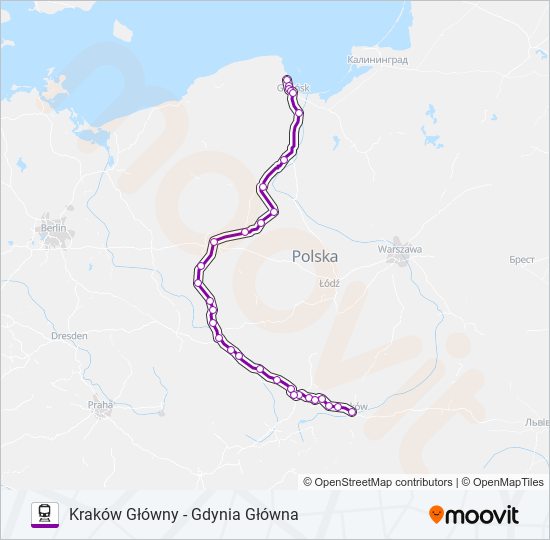 Mapa linii kolej TLK 35172