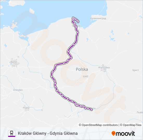 Mapa linii kolej TLK 35172