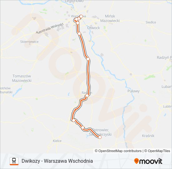 Mapa linii kolej IC 31104