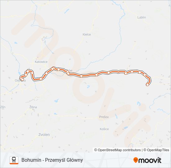 Mapa linii kolej IC 43002