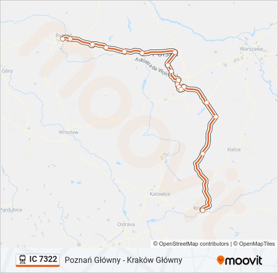 Mapa linii kolej IC 7322