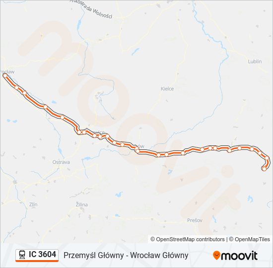 Mapa linii kolej IC 3604