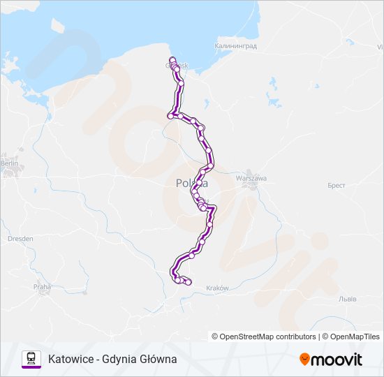 Mapa linii kolej TLK 45103