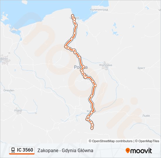 Mapa linii kolej IC 3560