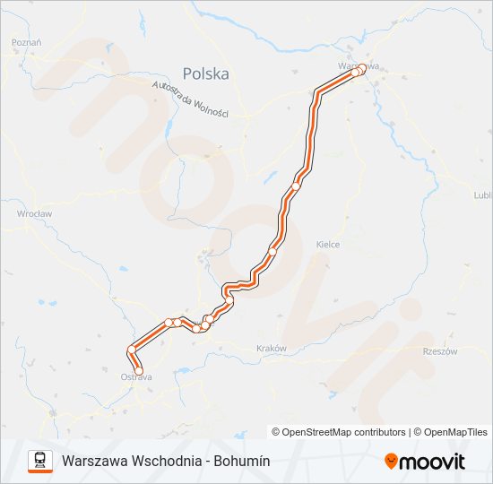 Mapa linii kolej IC 14004