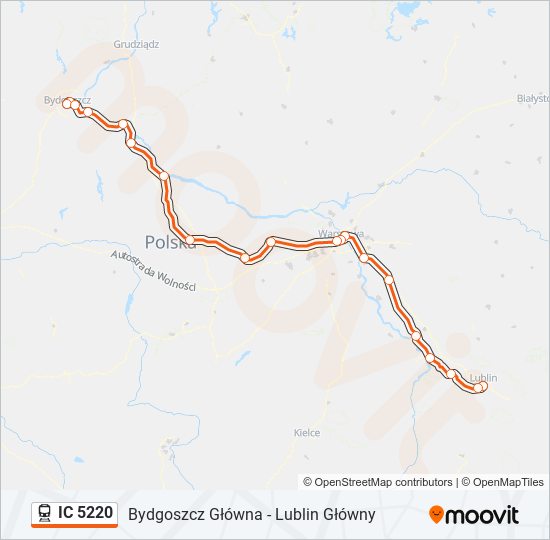 Mapa linii kolej IC 5220