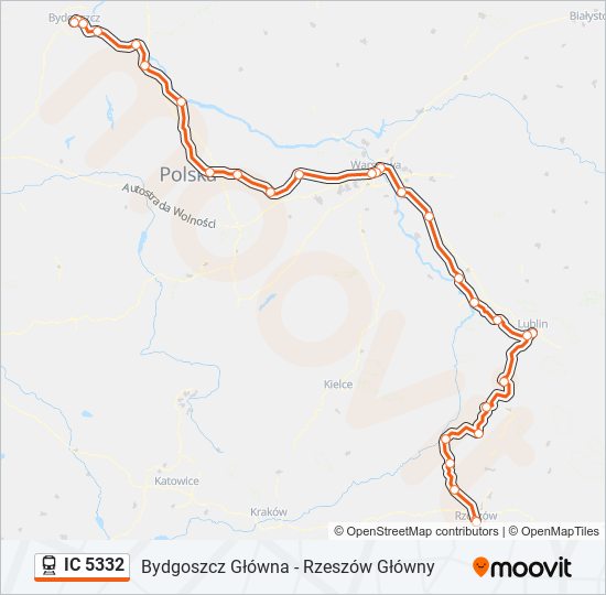 Mapa linii kolej IC 5332