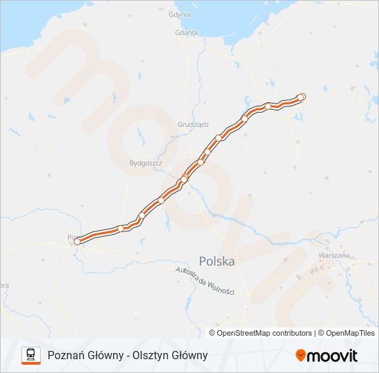 Mapa linii kolej IC 75102