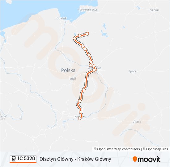 Mapa linii kolej IC 5328