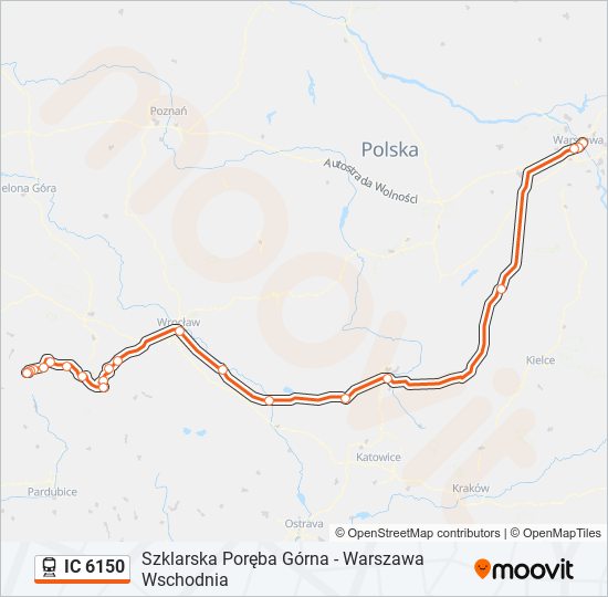 Mapa linii kolej IC 6150