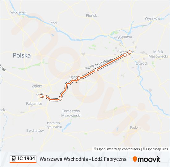 Mapa linii kolej IC 1904