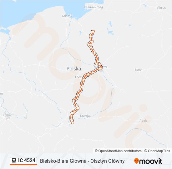 Mapa linii kolej IC 4524