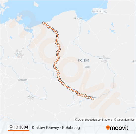 Mapa linii kolej IC 3804