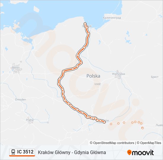 Mapa linii kolej IC 3512