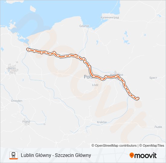 Mapa linii kolej IC 28100