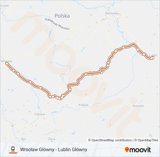 Mapa linii kolej IC 62100