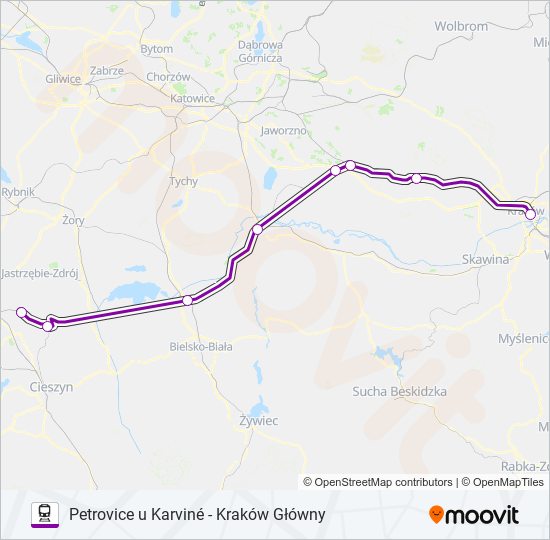 Mapa linii kolej TLK 43004