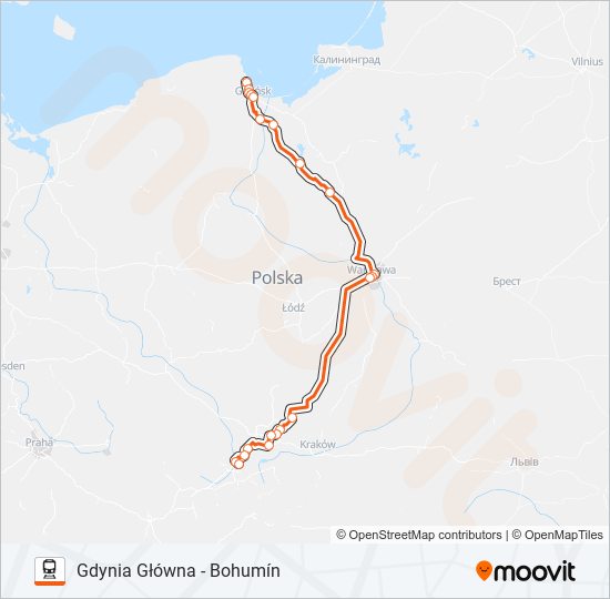 Mapa linii kolej IC 54000