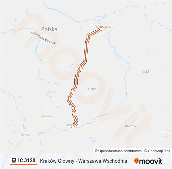 Mapa linii kolej IC 3128