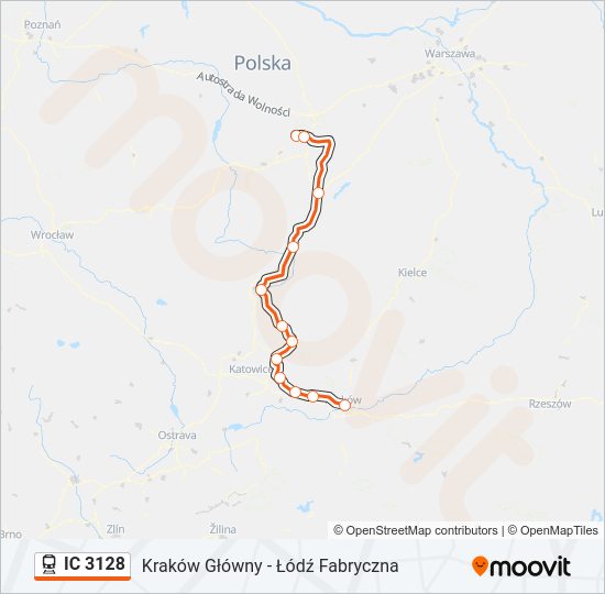 Mapa linii kolej IC 3128