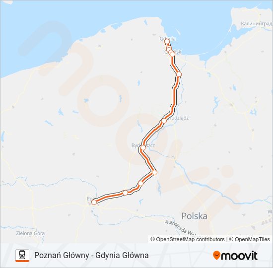 Mapa linii kolej IC 75150