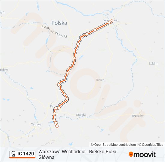 Mapa linii kolej IC 1420