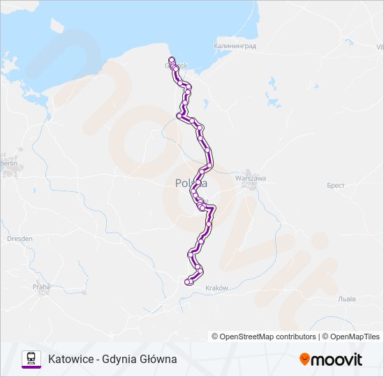 Mapa linii kolej TLK 45102