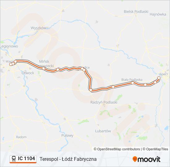 Mapa linii kolej IC 1104