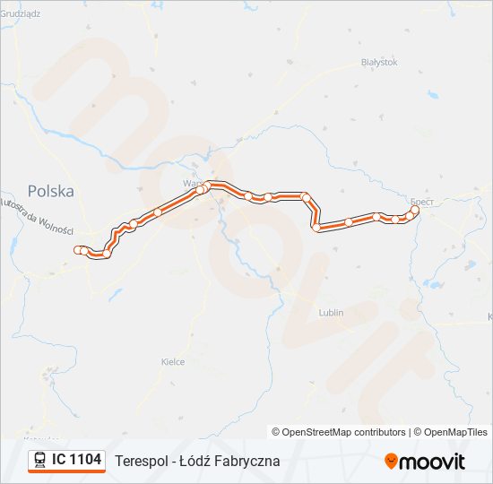 Mapa linii kolej IC 1104