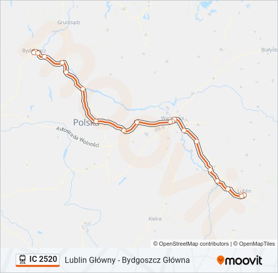 Mapa linii kolej IC 2520