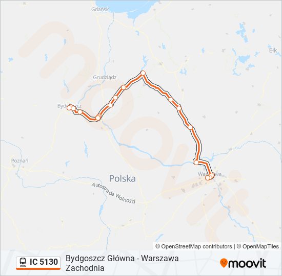 Mapa linii kolej IC 5130