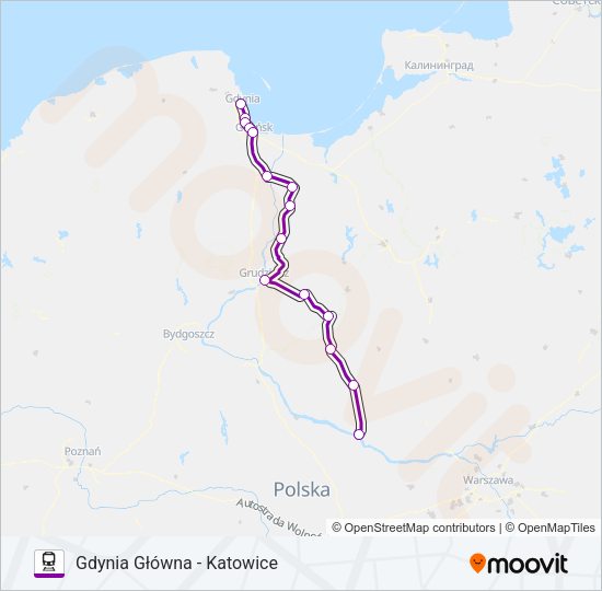 Mapa linii kolej TLK 54102