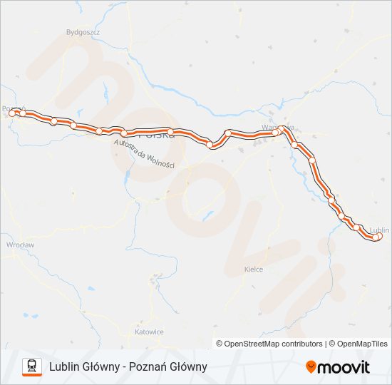 Mapa linii kolej IC 27100