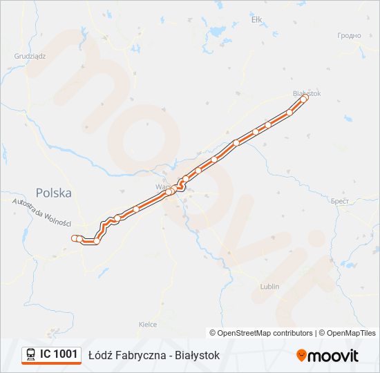 Mapa linii kolej IC 1001