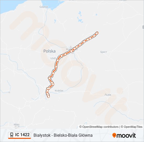 Mapa linii kolej IC 1422