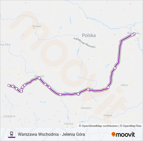 Mapa linii kolej TLK 16170