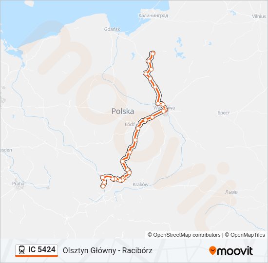 Mapa linii kolej IC 5424