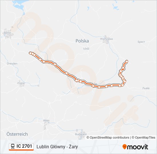 Mapa linii kolej IC 2701