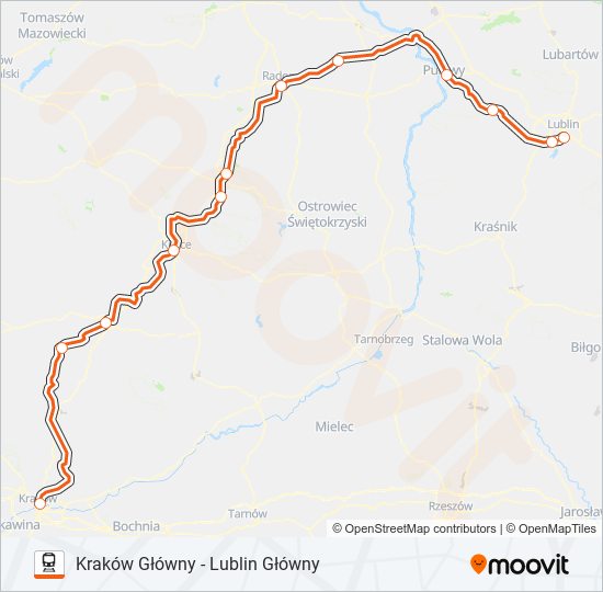 Mapa linii kolej IC 32100