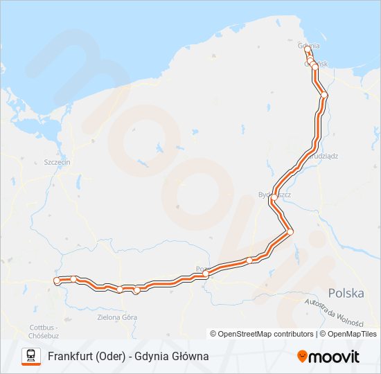 Mapa linii kolej IC 75000