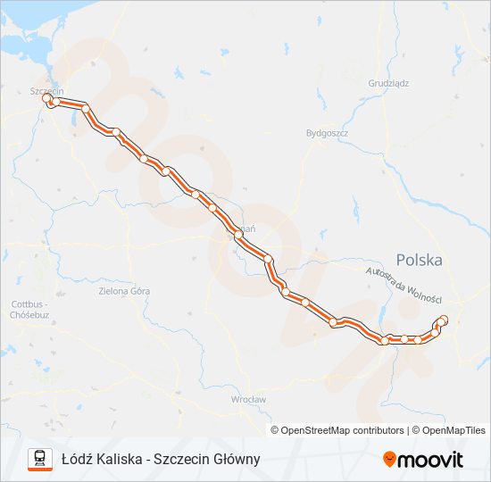 Mapa linii kolej IC 18109